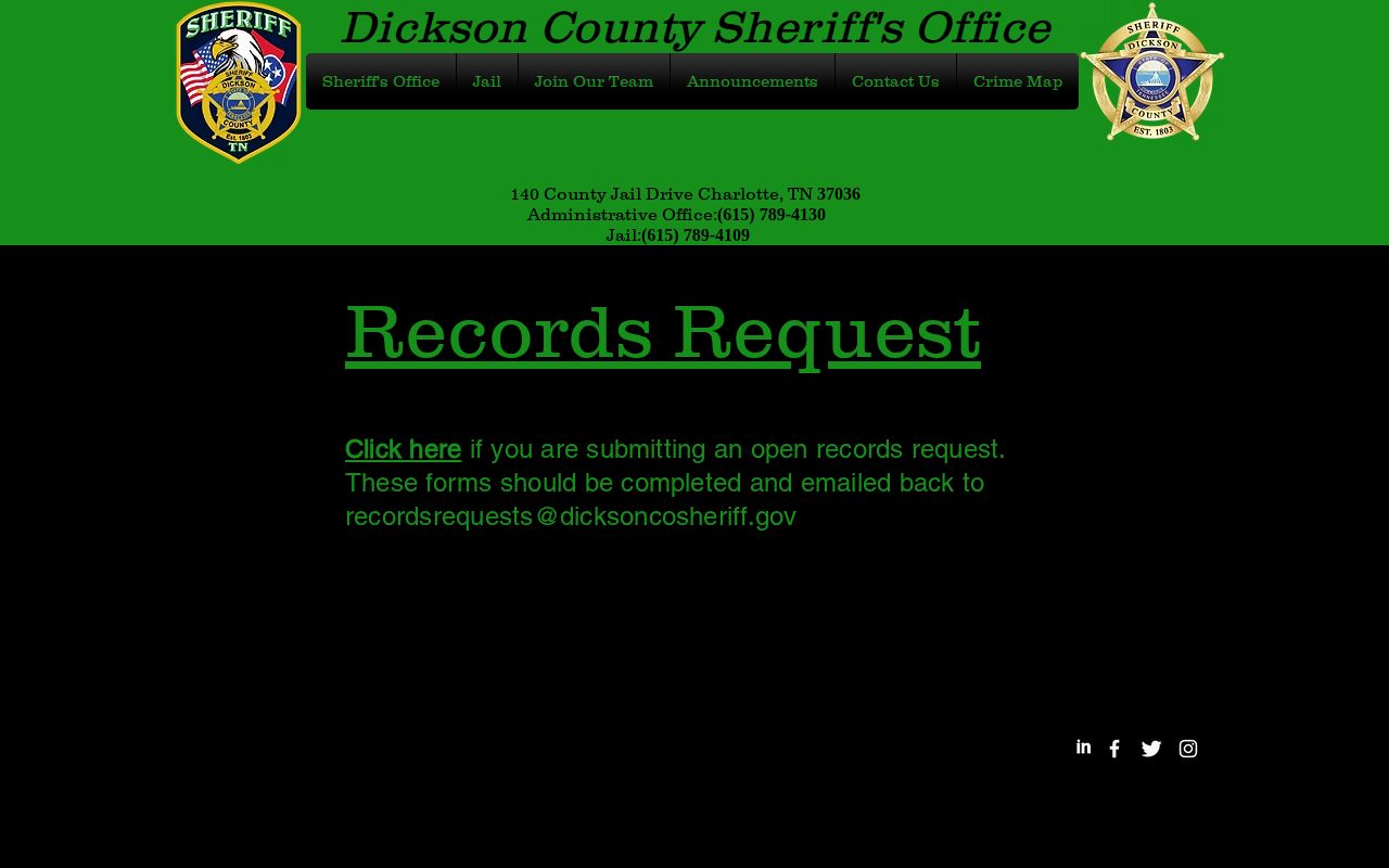 Dickson County Sheriff records request page for booking records