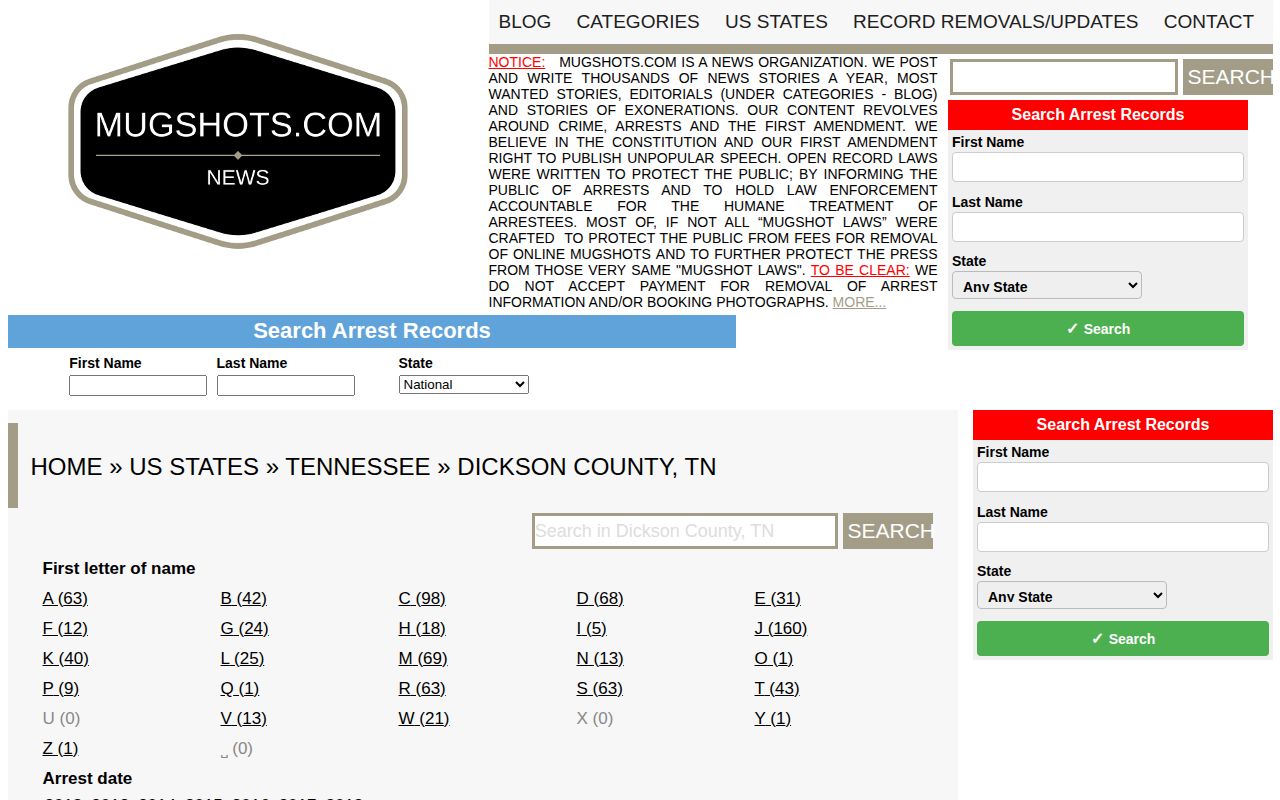 Unofficial Dickson County historical arrest index