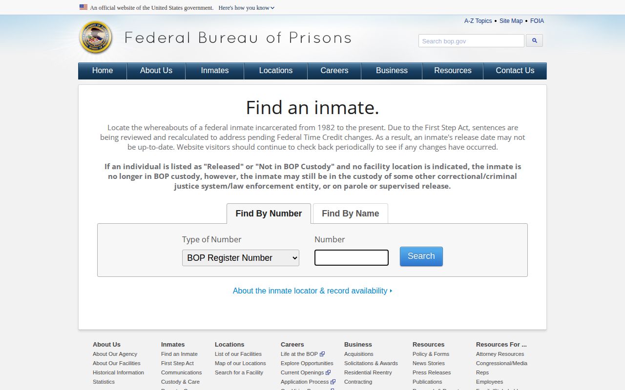 Federal Bureau of Prisons locator after a Dickson County arrest